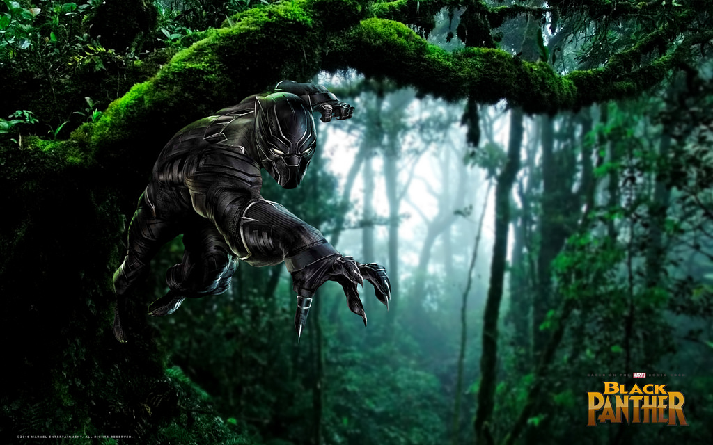 wallpaper image of black panther comic book character lunging from a tree in lush green forest